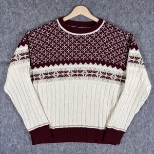 Vintage Nordic Fair Isle Sweater Cream Red Long Sleeve Snow Flake 22 x 25 M/L